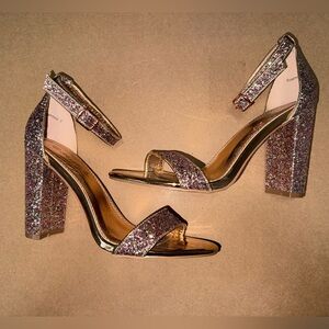 Glitter Ankle-Strap 3.75” Block Heel Sandals - Rosegold